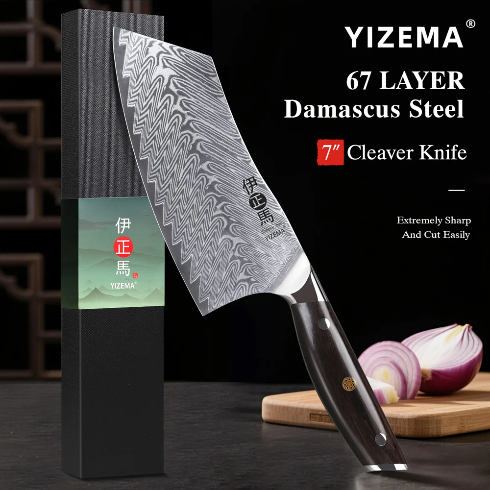 

YIZEMA 7-inch Cleaver Knife Damascus Steel Sharp Meat Vegetable Chopper Japanese Kitchen Professional Chef Knife Cooking Cutlery