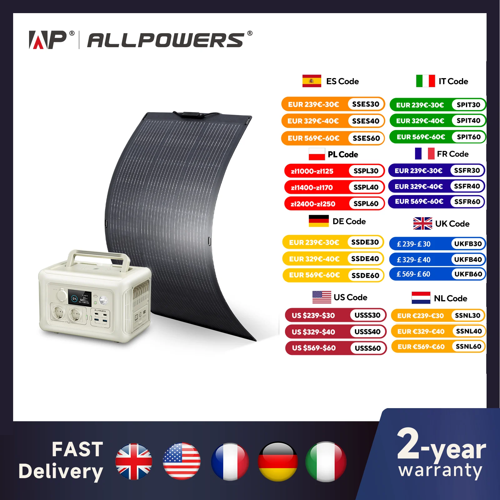 Painel solar ALLPOWERS 200 / 100 watts Módulo fotovoltaico monocristalino de alta eficiência Carregador de energia com fonte de alimentação Powerstation 600W