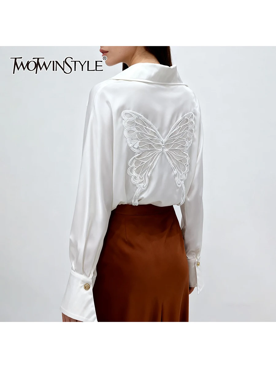 

TWOTWINSTYLE Solid Spliced Chains Elegant Shirts for Women Lapel Long Sleeves Patchwork Appliques Temperament Shirt Female New