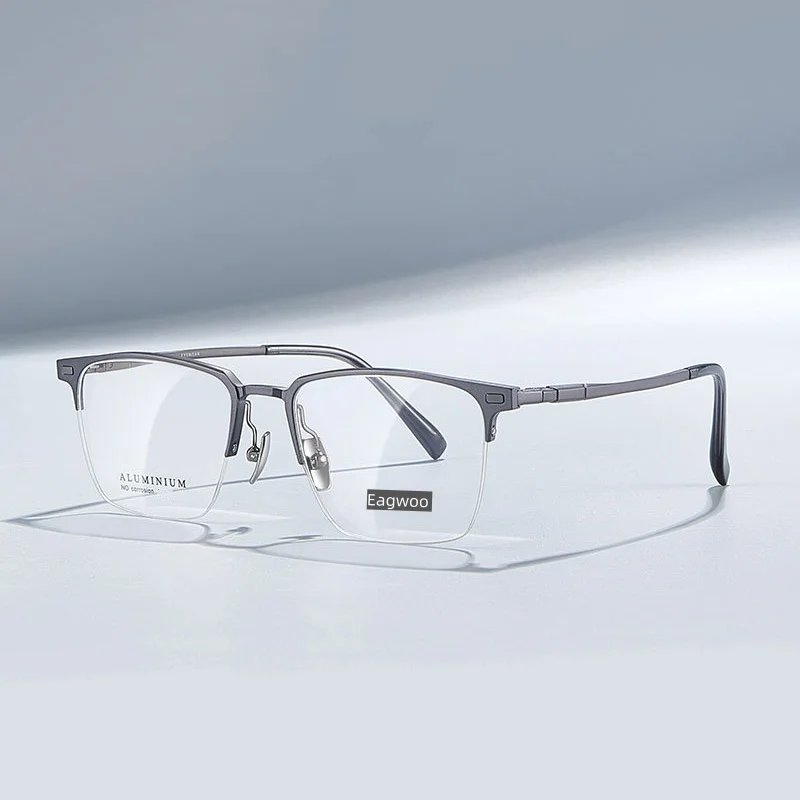 Magnesium Aluminum Titanium Eyeglasses Half Rim Eyebrow Designed Optical Frame Prescription Spectacle Big Nose 19mm Bridge