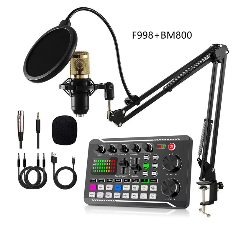 ●F998 Sound Card and BM800 Microphone Kit Mic Sound Mixer Sound Card Audio Mixing Console Amplifier for Singing PC Phone