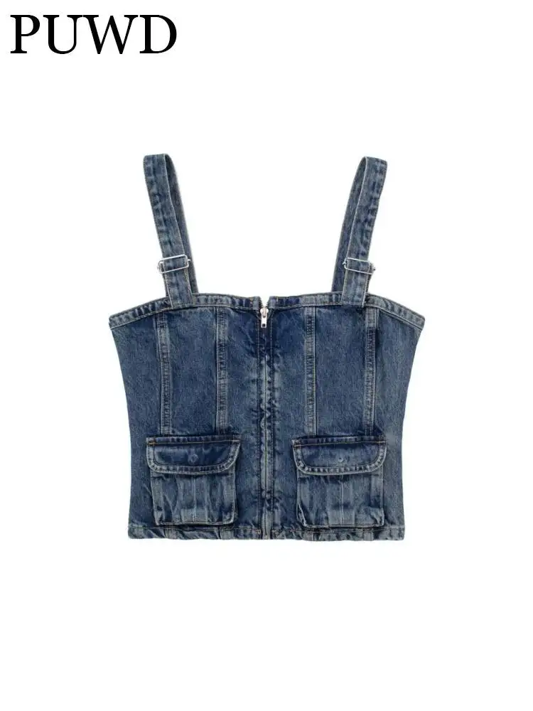 ZACK RAIN Women Blue Denim Camis 2023 Summer Vintage Zipper Ladies Elastic Sleeveless Solid Color Camis Female Crop Tops