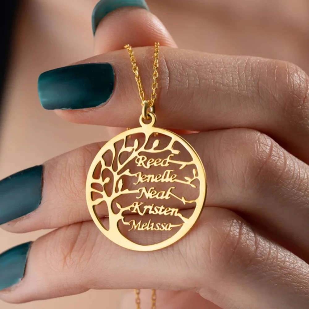 Customized Tree of Life Name Necklace Personalized Stainless Steel Family 2-5 Name Round Pendant Necklace Gift for Parents