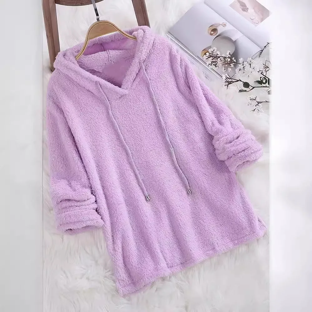 Hot Item Solid Color Long Sleeved Hooded Fuzzy Double-sided Plush Hoodie Pajamas for Women Hoodies