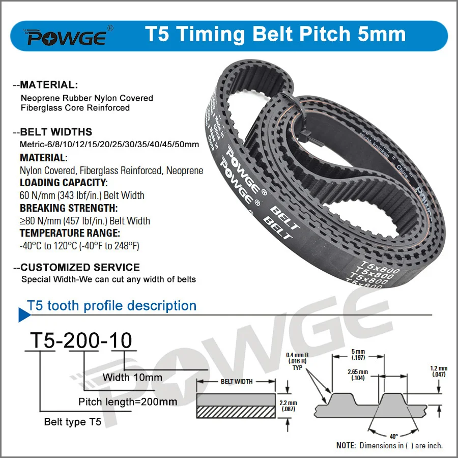 POWGE T5 タイミングベルト Lp=300-440mm 305 310 315 320 325 330 335 340 345 350 355 360 365 370 375 380 385 390 395 400 410 415 420