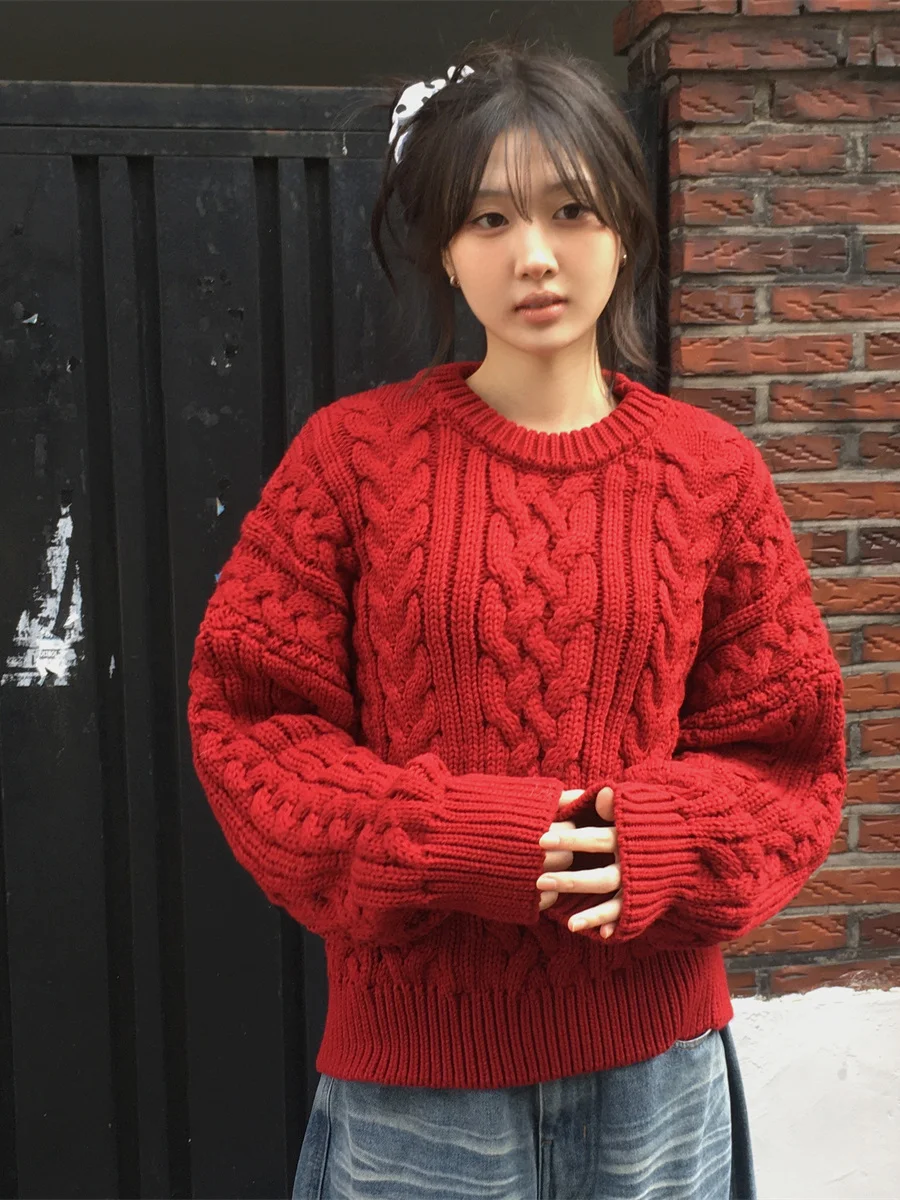 سترة محبوكة فضفاضة الكورية Sle خمر تويست دافئ كسول Sle إبرة كبيرة سترة حمراء مستديرة Ne للنساء #3