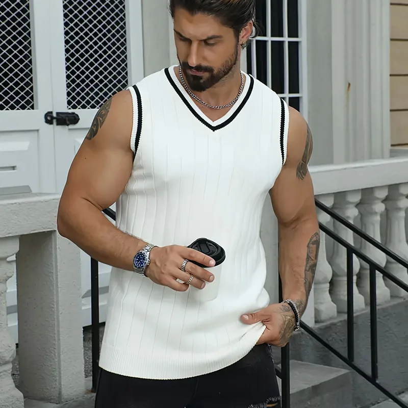 LVLAEA المال القديم الرجال مضلع مخطط الديكور الخريف الخريف تانك القمم أكمام الخامس الرقبة عادية الدافئة محبوك سترة سترة للرجال #6