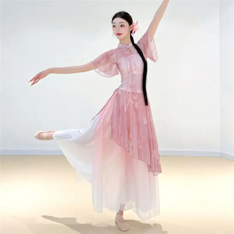 古典舞踊国家風チャイナドレスプリントトップス半袖パフォーマンス衣装ドリフティングボディ練習着