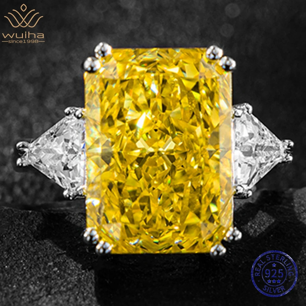 WUIHA Real 925 Sterling Silver Crushed Ice Cut 10*14MM Yellow Sapphire Created Moissanite Diamond Ring for Women Gifts Wholesale