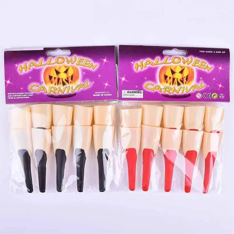 10pcs Halloween Prop Black Red Witch Ghost Holiday Party Decora Zombie Fake Long Fingers Witch Nail Set Cover