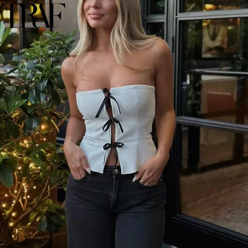 TRAF Bow Cut Out Strapless Top Off Shoulder White Crop Tops Women Summer Backless Sexy Tube Top Woman Party Corset Tank Tops