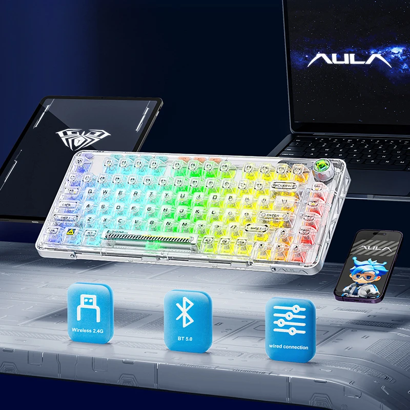 Imagem -02 - Teclado Mecânico sem Fio do Jogo Bluetooth Hot Swap Teclas Transparentes Rgb Retroiluminado Personalizado Estrutura do Gateway Aula-f81