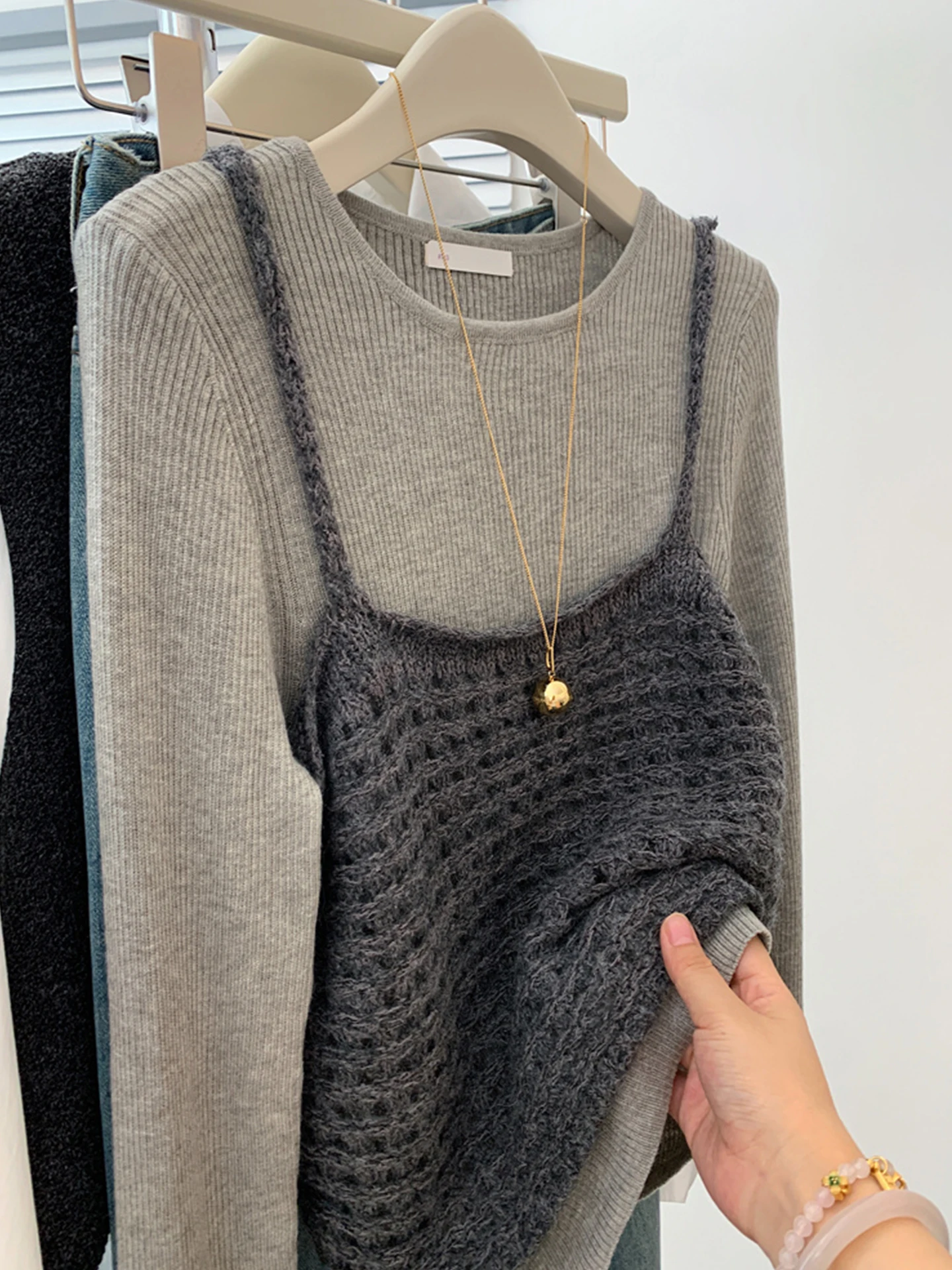 Weicher, hautfreundlicher Camere-Strickpullover, lässig, vielseitig, Top, Bot, zweiteiliges Set, koreanisches Sle Commute Faion, Damen-Kn...