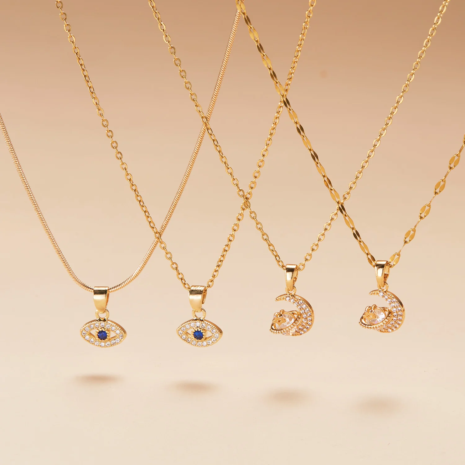Stainless Steel Inlaid Zircon Moon Star Pendant Necklace For Women Lucky Turkish Evil Eye Clavicle Chain Choker Party Jewelry
