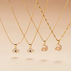 Stainless Steel Inlaid Zircon Moon Star Pendant Necklace For Women Lucky Turkish Evil Eye Clavicle Chain Choker Party Jewelry