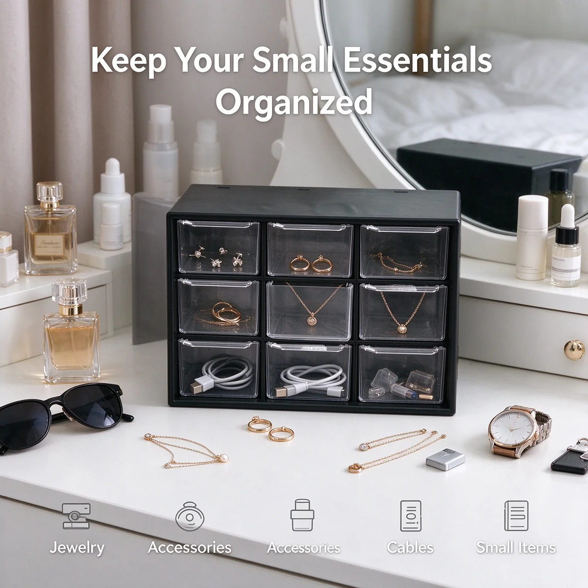 Minimalist White 9-Grid Desktop Organizer with 9 Clear Separate Drawers, Plastic Storage Box for Jewelry, Small Hardware, Offic