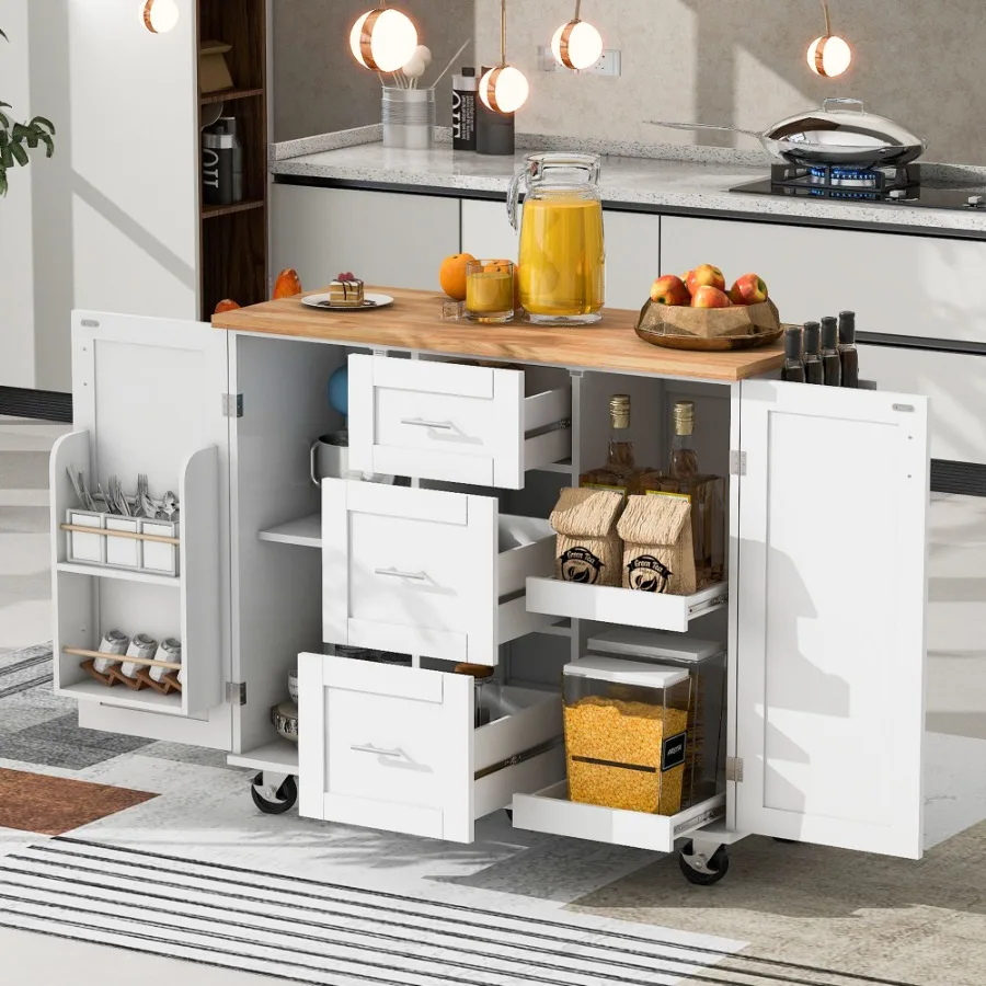 

Rolling Kitchen Island with Storage Kitchen Cart with Rubber Wood Top 3 Drawer 2 SlideOut Shelf and Internal Storage Rack Kitch