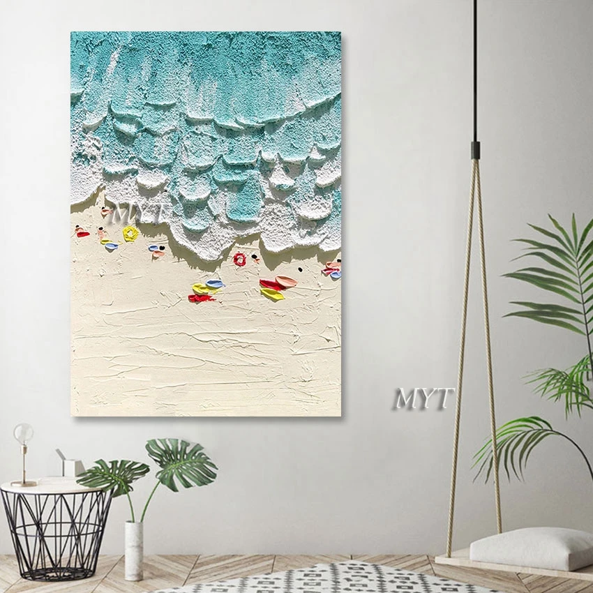 

Unframed Abstract Canvas Painting, 100% Hand Picture Art, Sea Wave Wall Knife Artwork, Modern Children on Beach, Decor