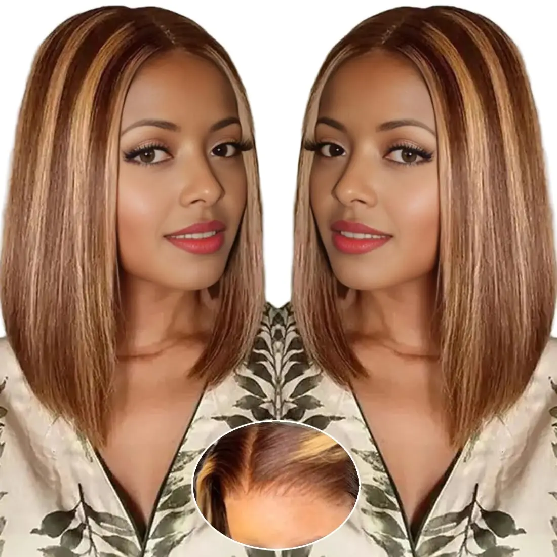 

Highlight Bob Wig Human Hair 4X4 Frontal Lace Wig 4/27 Ombre Bob Wigs 220% Density Honey Blonde Bob Wig For Black Women