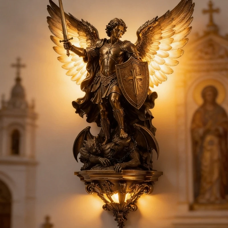 Archangel Wall Lamp Resin Religious Sculpture With Backlit Detail, Bronze Wall Light for Living Room Hallway D2RD