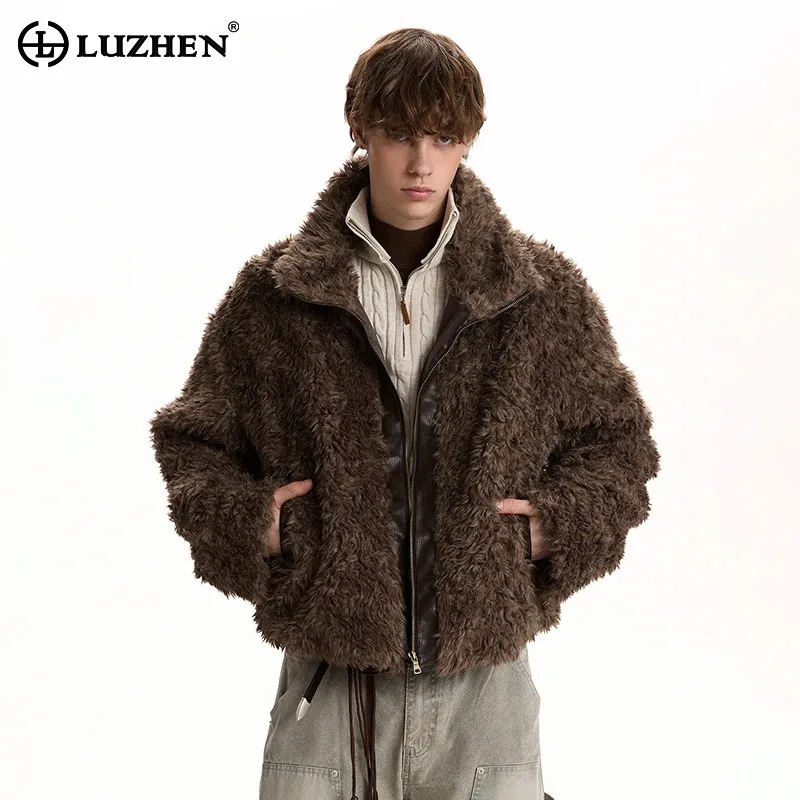 

LUZHEN 2025 Winter New Fashion High Quality Fleece Splicing Leather Parka Jacket Men's Handsome Warm Casual Padded Coat JY6098