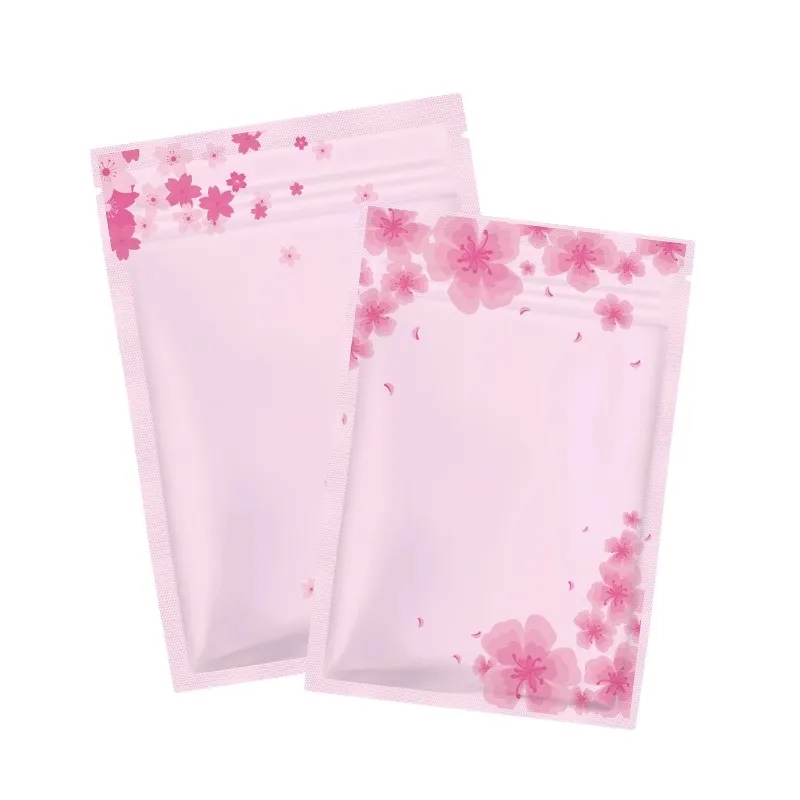 

100pcs Pink Cherry Blossom Self Sealing Zipper Bag Small Flat Foil Gift Bags For Jewelry Powder Packaging Makeup Pouches