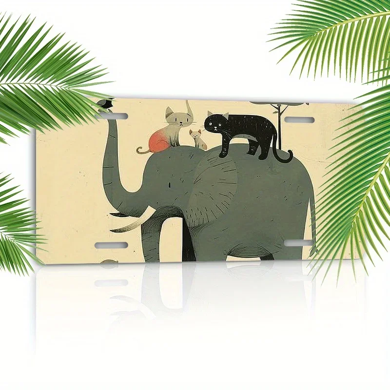2D Flat - [Open ]2D Flat, 2D Plane - 1 Whimsical Cat Elephant Cat License Plate Frame | UV Ink Printing, Fade Resistant, Scratch