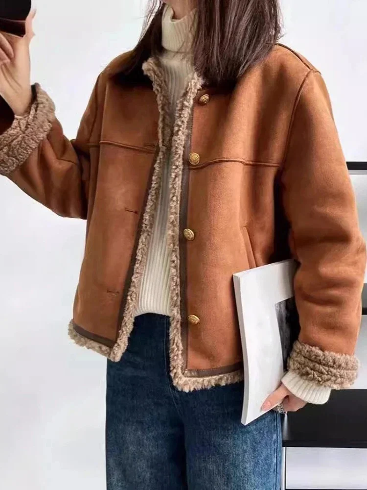 2025年 レディース ラムウール パッチワークコート 冬服 シングルブレスト 厚手 アウター ファッション 暖かい Oネック ジャケット