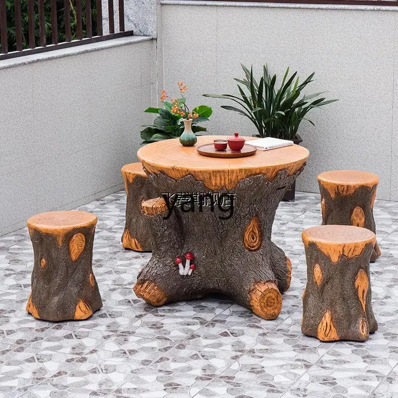 LT, simple retro imitation tree stump outdoor balcony leisure carving courtyard park round table stool combination