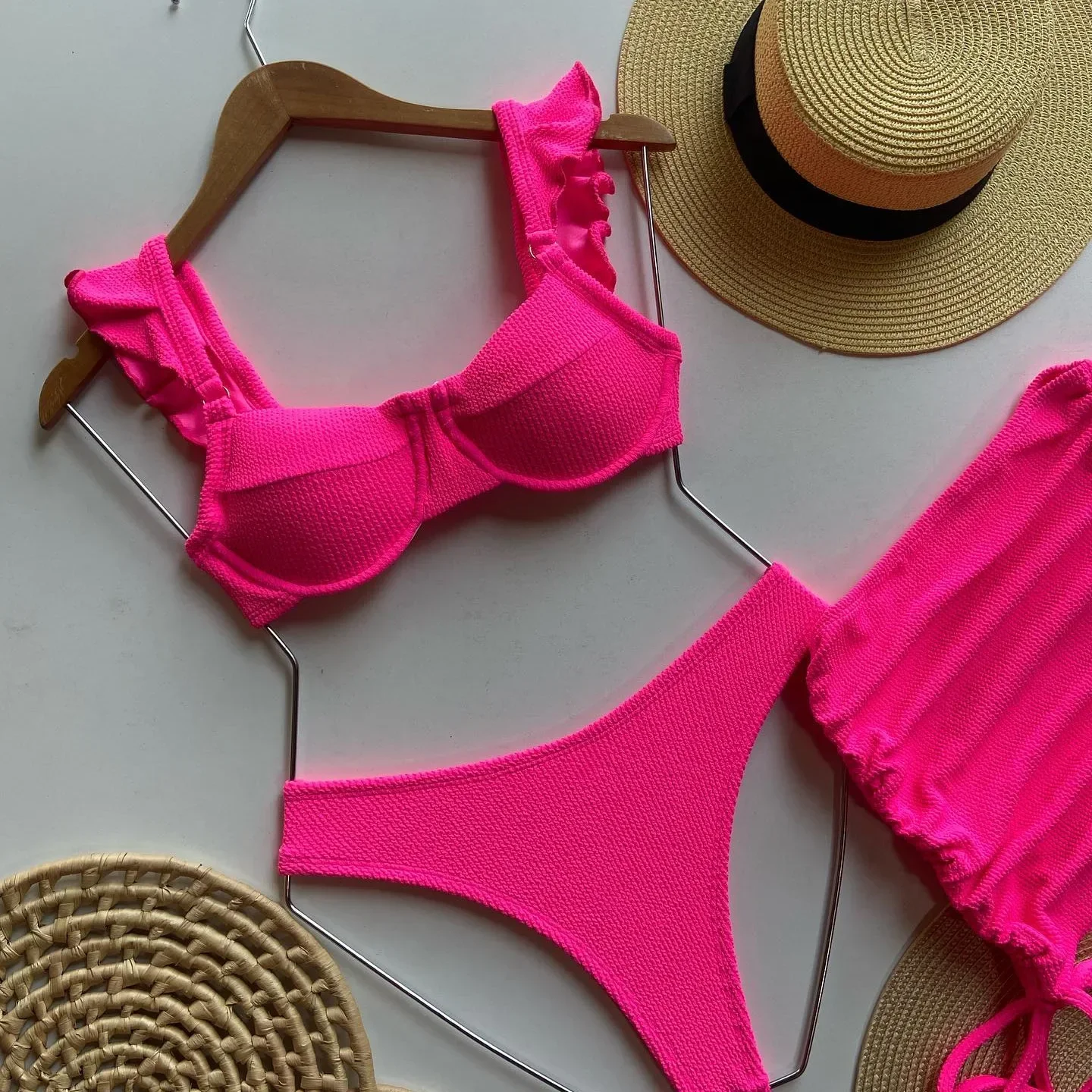 Solid Wavy Fabric Low Waist Bikini Set Cover Up Swimsuit For Women Push Up Ruffle Three Pieces Swimwear 2025 Beach Bathing Suits