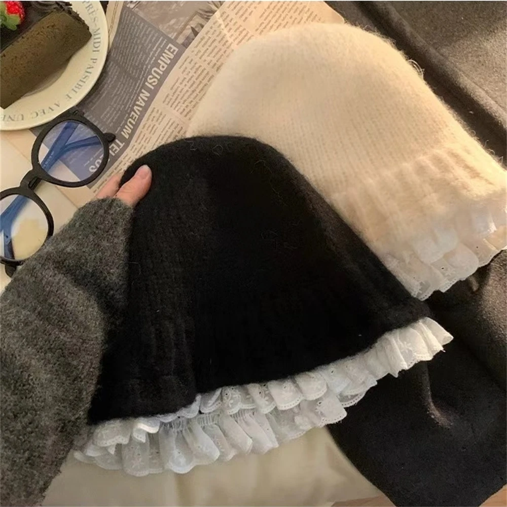 Winter Lace Soft Warm Knitting Hats Female Thickened Decorative Basin Hat Anti-freezing Chunky Rod Woolen Cap Clothing Accessory view 4