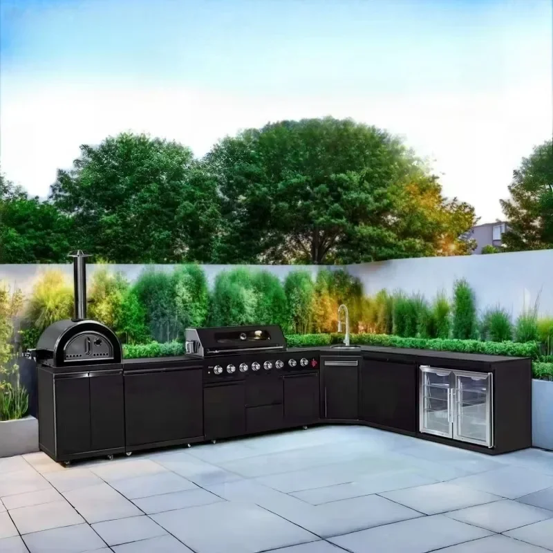 شواية المطبخ الخارجية على شكل جزيرة الشواء، خزانة شواء من الفولاذ المقاوم للصدأ باللون الأسود على شكل حرف L #5