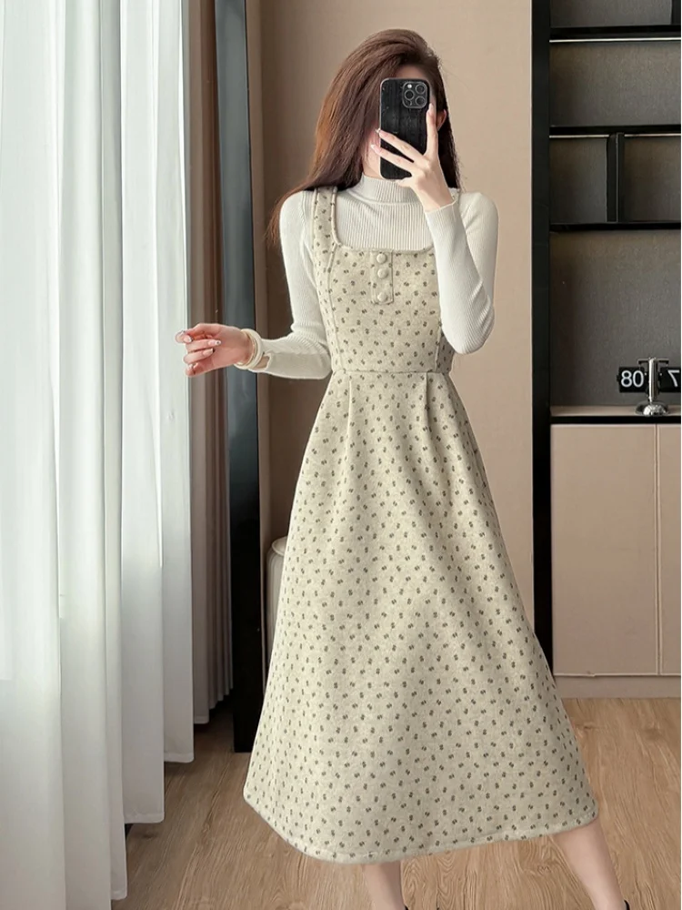 SMTHMA الفرنسية الرجعية الصوفية نقطة الحمالات فستان وتتسابق للنساء الخريف الشتاء طويلة الأكمام قاعدة محبوك سترة قطعتين مجموعة #1