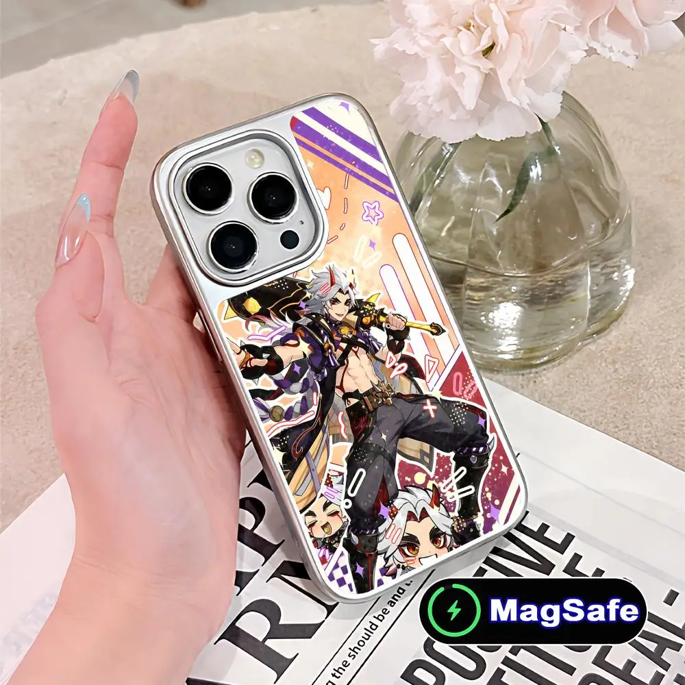 

Game GI Arataki Itto Mobile Phone Case for iPhone 17 16 15 14 13 12 11 Air Pro Max Plus Magsafe Silver Plating Colorful Cover