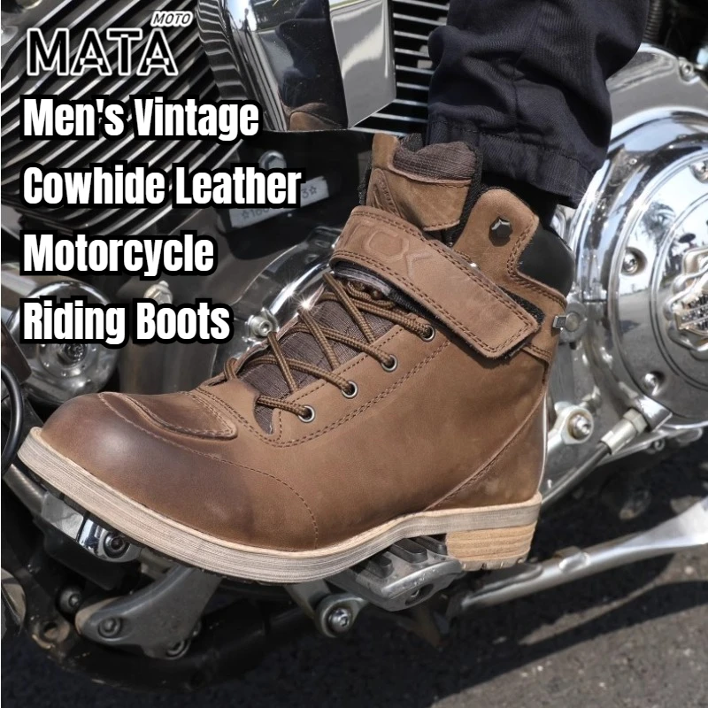 

Men's Vintage Cowhide Leather Motorcycle Riding Boots Waterproof Breathable Anti-Slip Protective Waterproof Warm Botas