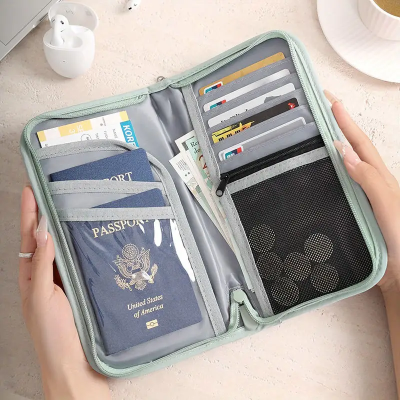 متعددة الوظائف RFID حجب حقيبة جواز السفر حامل مستندات السفر مع سحاب طويل تخزين التذاكر المحفظة لجوازات السفر المتعددة #4