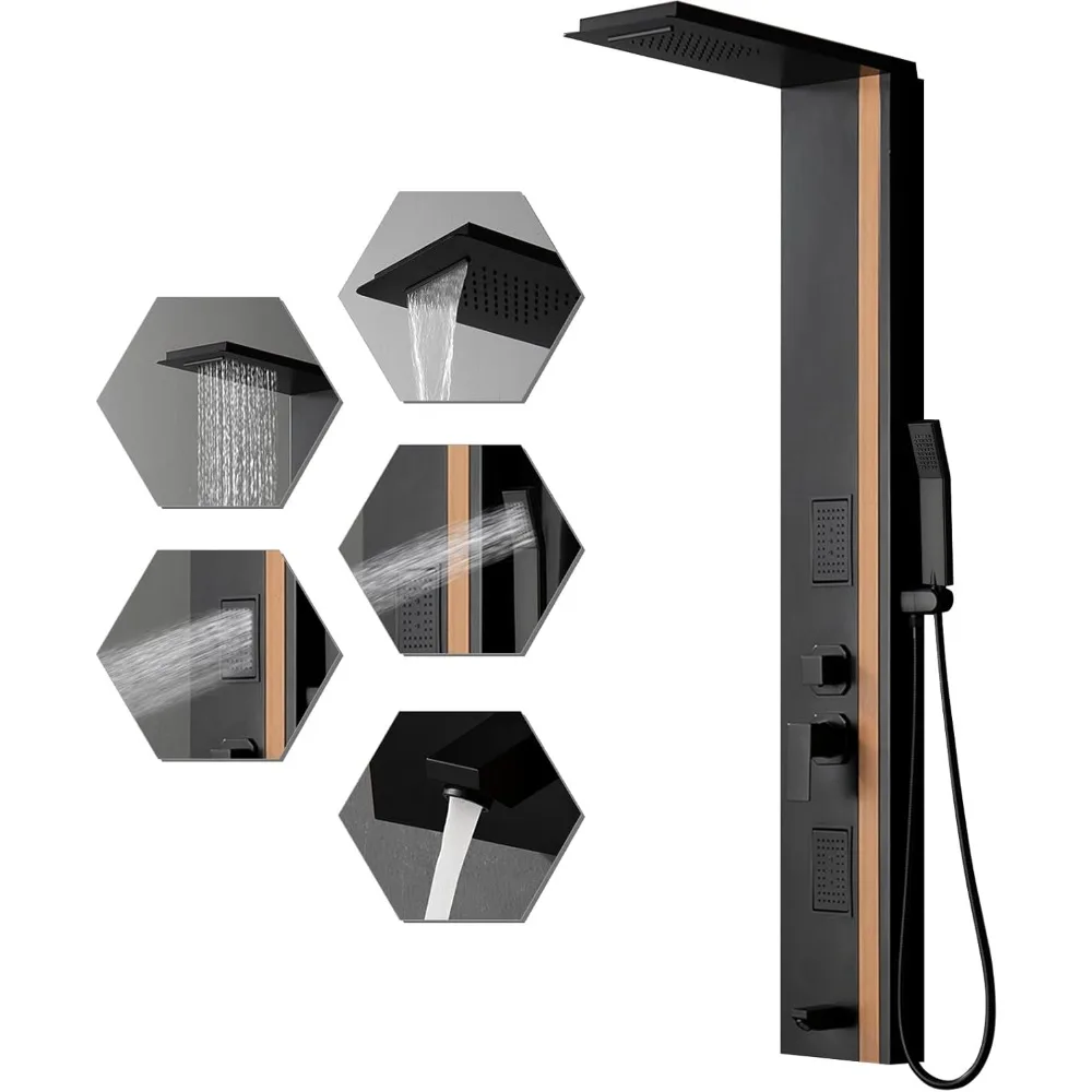 

Stainless Steel Multi-Function Shower Panel System with Rainfall Shower Head and Waterfall Feature