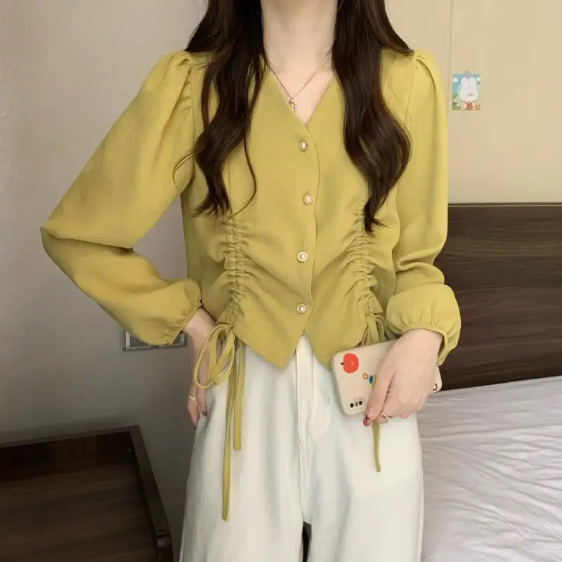 

Nice Femme Spring Summer Korean Fashion Button Solid Color V-neck Women Clothes Simplicity All-match Appear Thin Shirring Long S