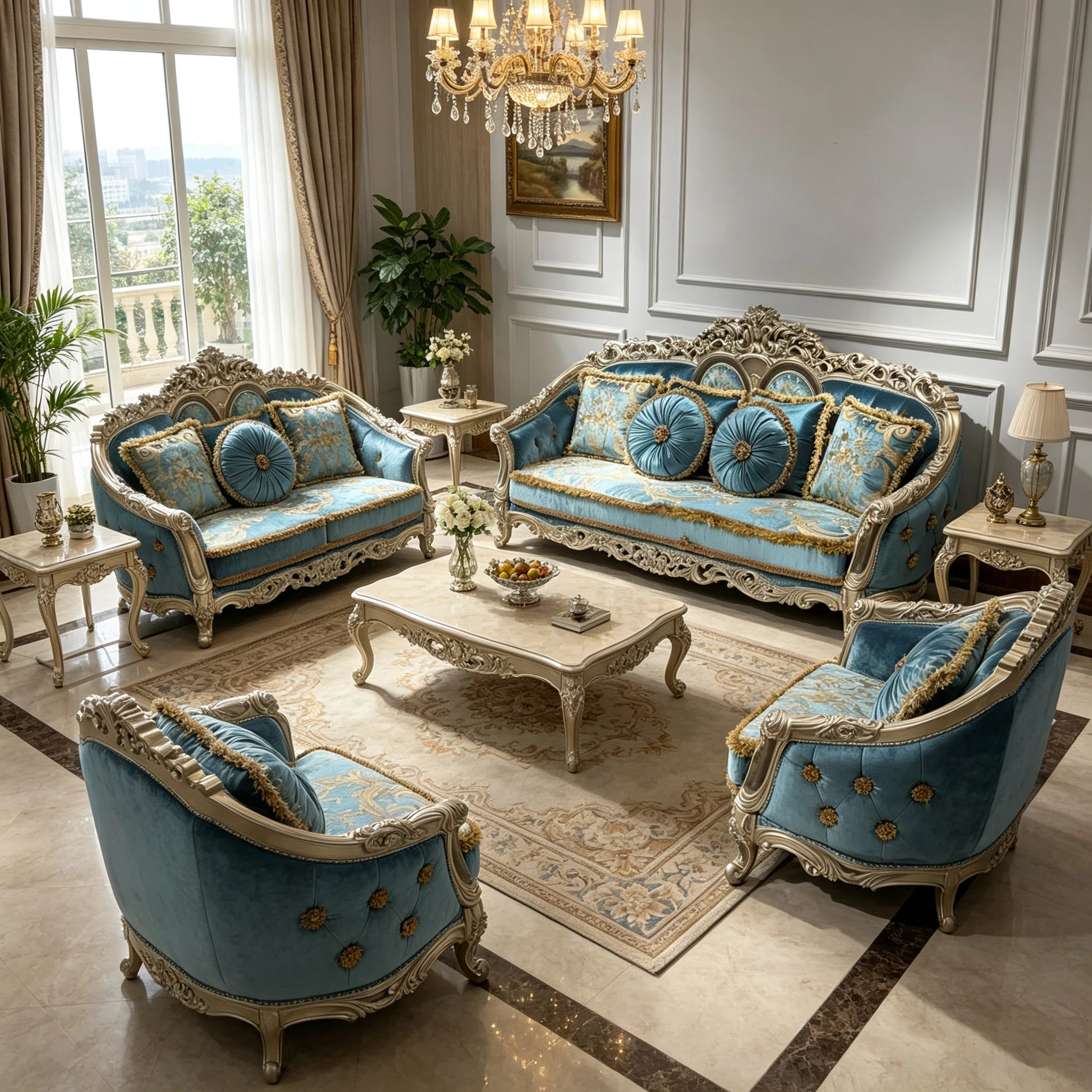 Z*-Sky Blue Tufted Velvet Full Sofa Set Antique White Hand Frame for French Palace Style Household Living Room^