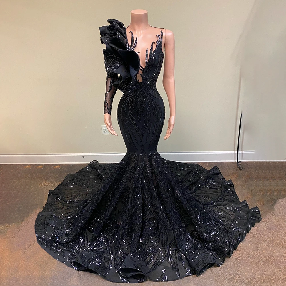 Sequin Long Mermaid Prom Dresses 2024 Black Girl Luxury Ruffles Sleeve African Formal Gala Gown for Wedding Party Customized