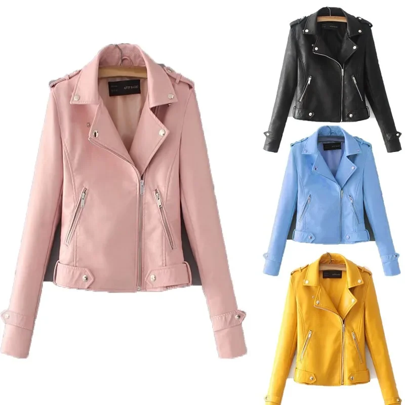 

Женские куртки из искусственной кожи, повседневная однотонная женская одежда на пуговицах с лацканами, облегающая удобная женская короткая кожаная куртка на молнии