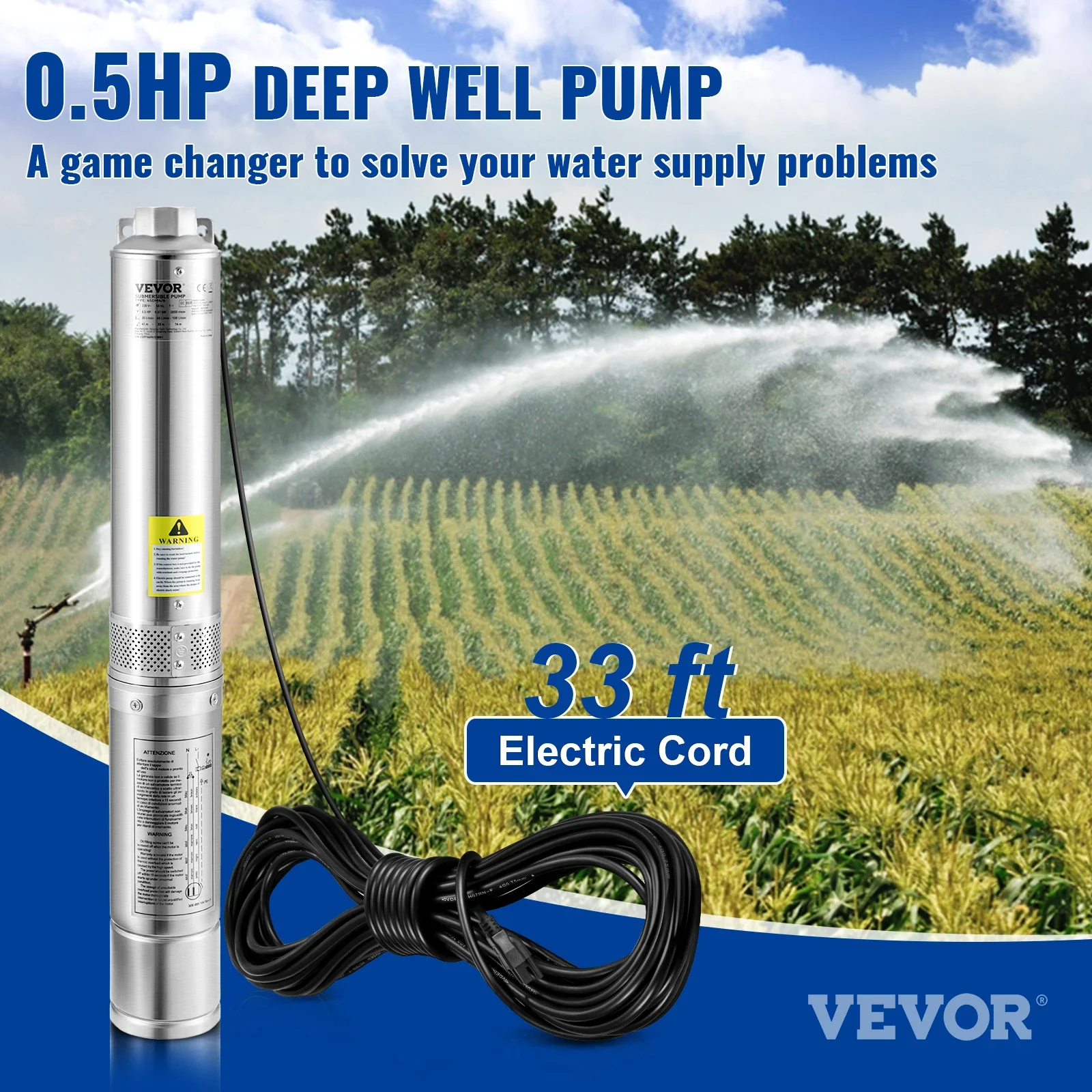 Deep Well Submersible Pump 0.5/1/1.5HP 28/37GPM Flow 115V/60Hz  167/207/276ft Head for Industrial, Irrigation & Home Use