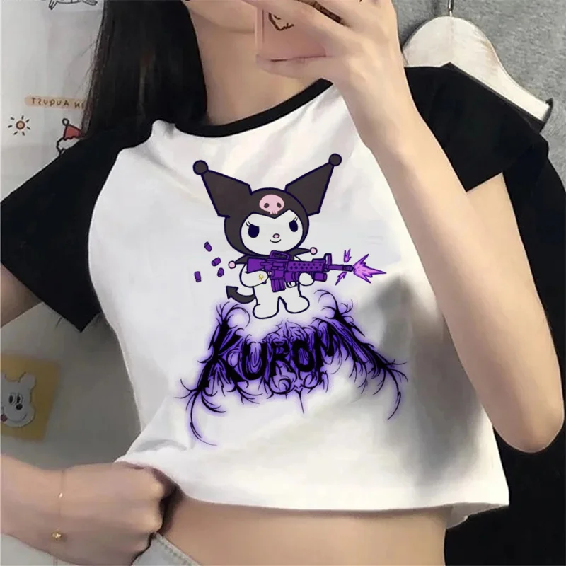 Violet Kuromi Women's Summer Slim Clothing Woman Round Neck Fashions Short T-Shirt Clothes Cotton Imitation Flame Print Tshirts