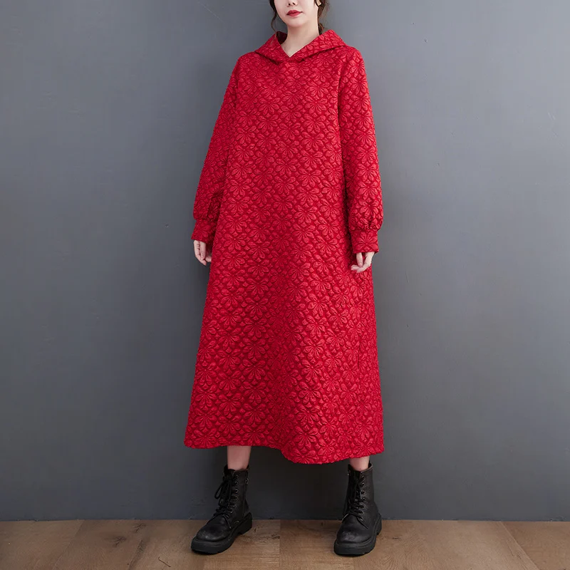 #3336 Black Red Sweatshirt Hooded Dresses Women Warm Thick Pullovers Straight Long Vintage A Line Dress Female Midi Loose Winter