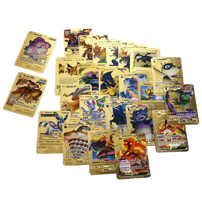 Lettere Pokemon dorate spagnolo francese inglese Pikachu Pokemon GX Vmax carte Charizard Rare Trainer Collection carte giocattoli per bambini