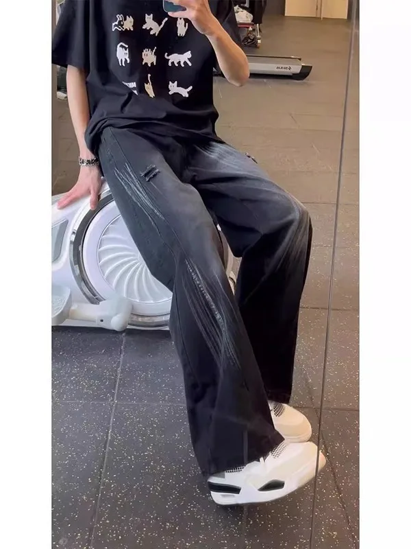 

Bla Fce-Like Micro Flare Denim Jeans Men's American High Street Ripped Wide Leg Workwear Cleanfit Straight Leg Pants