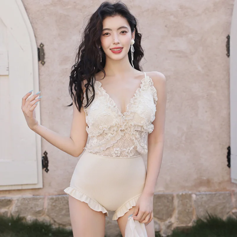 

Apricot color korean style Lace high-end new sexy internet celebrity two-piece one-piece body covering swimsuit