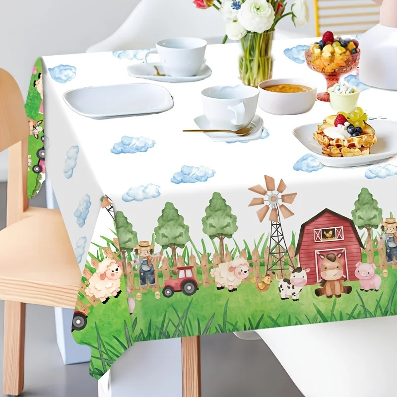 1pc, Tablecloth Featuring Farm Animals, 51.18*86.61inch PE Table Cover, Red Cabin Farm Theme Table Cloth, Decorations for Birthd