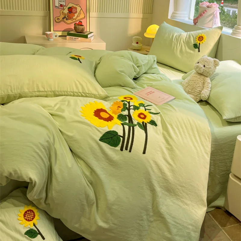 Sunflower Embroidered Duvet Cover Garden Floral Bedding Set for Girls Kids Teens, Farmhouse Soft Comforter Covers Bedroom Decor