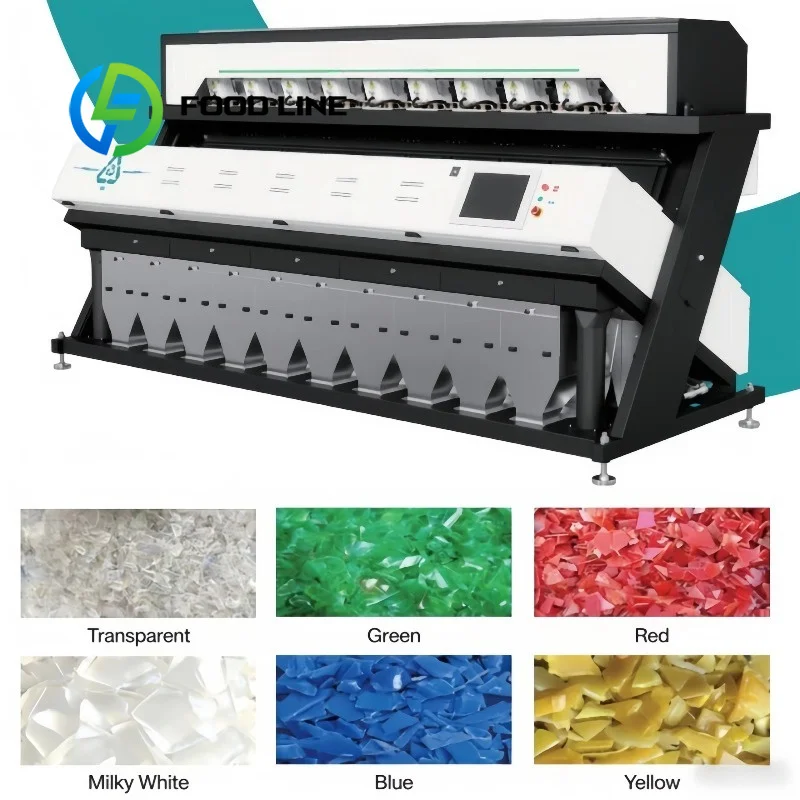 Factory PET Flake Color Sorter High Speed Vision Classifies Clear Green Blue Plastic Fragments Automatically In Recycling Lines